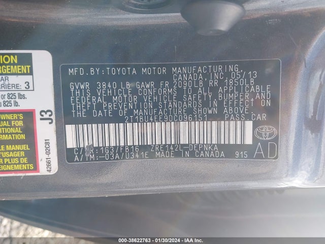 2013 TOYOTA COROLLA LE VIN: 2T1BU4EE9DC096151