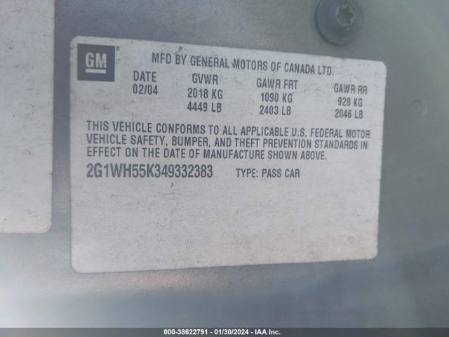 2004 CHEVROLET IMPALA LS VIN: 2G1WH55K349332383