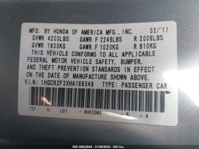 Honda ACCORD LX 2017 1HGCR2F3XHA166548 Image 9