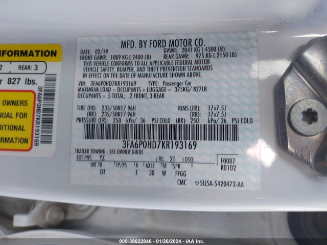 Ford FUSION SE 2019 3FA6P0HD7KR193169 Image 9