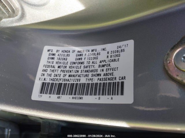 Honda ACCORD LX 2017 1HGCR2F36HA210299 Image 9