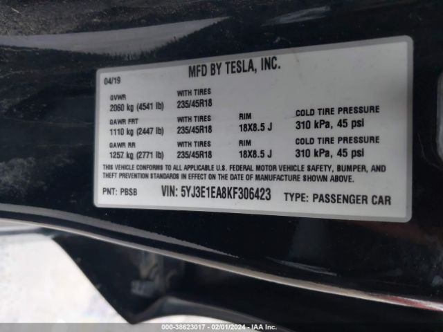 5YJ3E1EA8KF306423 Tesla MODEL 3