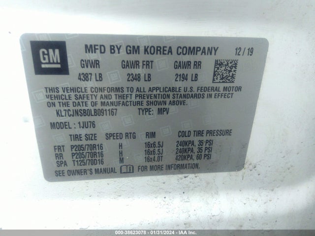 Chevrolet Trax Awd Ls 2020 KL7CJNSB0LB091167 Image 9
