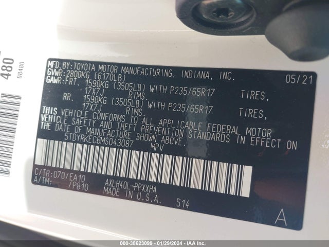 Toyota SIENNA XLE 2021 5TDYRKEC6MS043087 Image 9