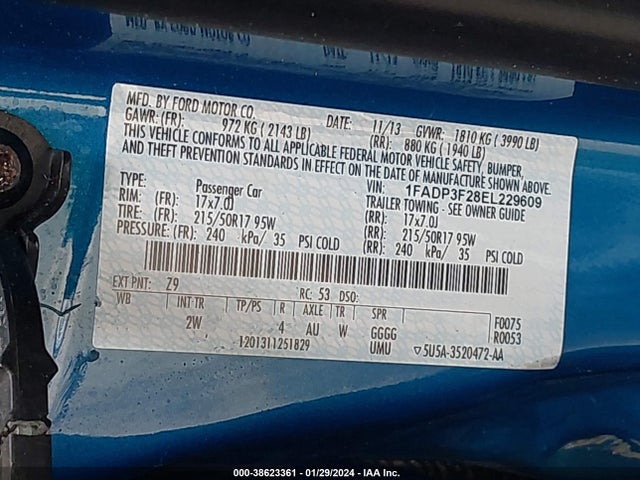 2014 Ford Focus Se მანქანა იყიდება აუქციონზე, vin: 1FADP3F28EL229609, აუქციონის ნომერი: 38623361