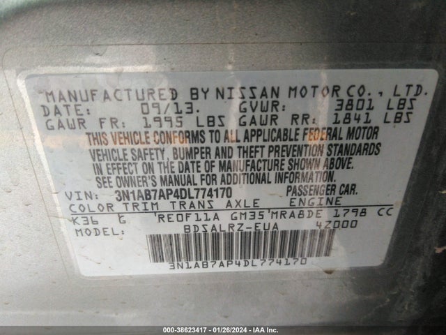2013 NISSAN SENTRA SR VIN: 3N1AB7AP4DL774170
