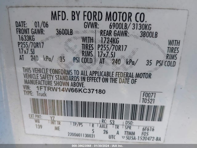 2006 FORD F-150 XLT VIN: 1FTRW14W66KC37180