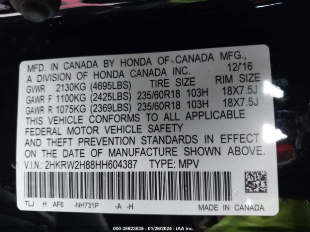 2HKRW2H88HH604387 Honda Cr-v Ex-l/ex-l Navi