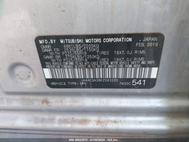 2019 MITSUBISHI OUTLANDER JA4AD3A38KZ043285 Photo 8