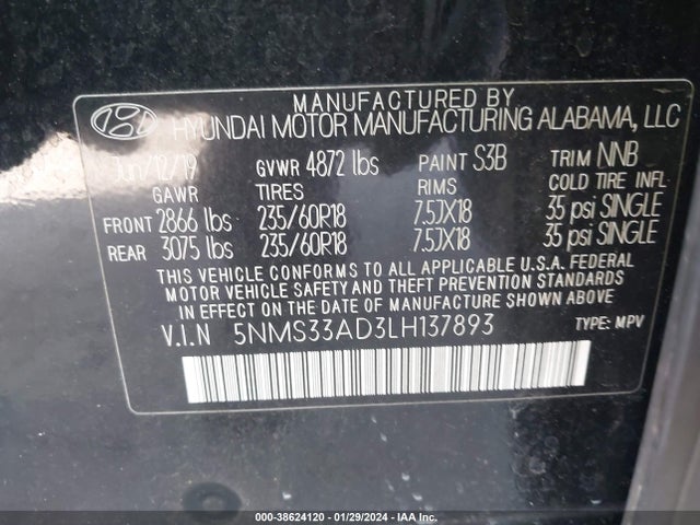2020 HYUNDAI SANTA FE SEL VIN: 5NMS33AD3LH137893