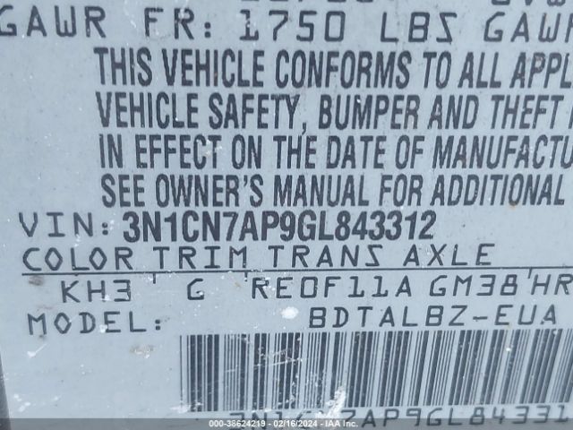 3N1CN7AP9GL843312 Nissan Versa 1.6 S/1.6 S+/1.6 Sl/1.6 Sv