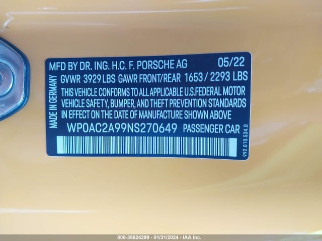 2022 PORSCHE 911 WP0AC2A99NS270649 Photo 8
