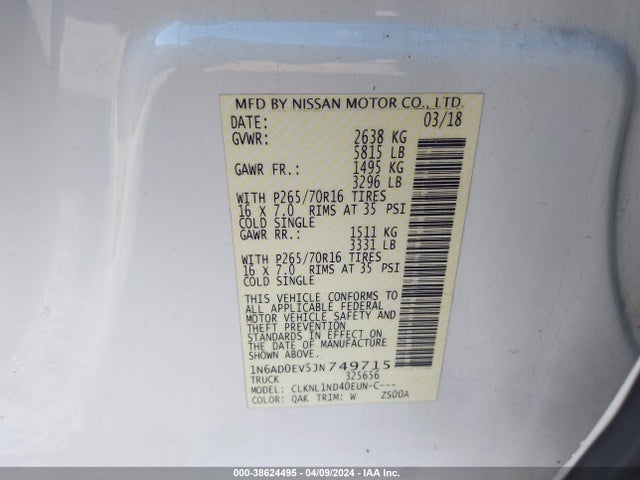 Nissan FRONTIER S 2018 1N6AD0EV5JN749715 Image 9
