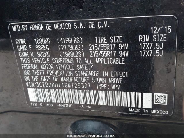 3CZRU6H71GM729397 Honda Hr-v Ex-l