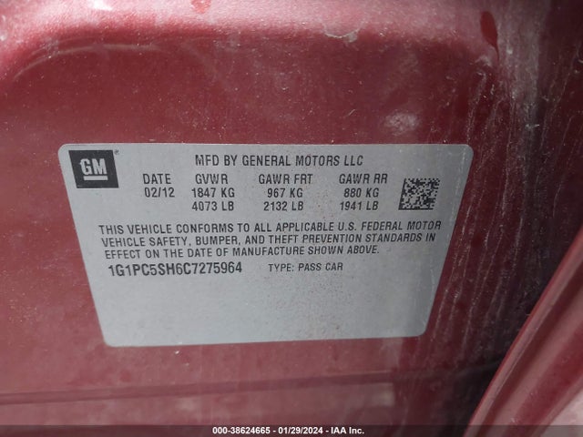 2012 CHEVROLET CRUZE LS VIN: 1G1PC5SH6C7275964