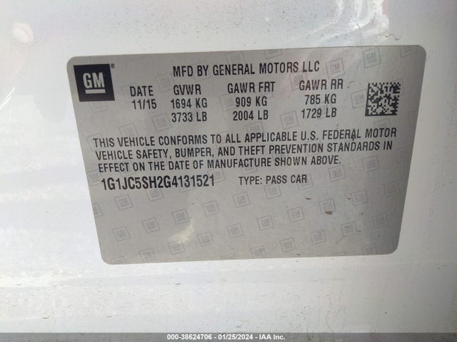 Chevrolet Sonic Lt Auto 2016 1G1JC5SH2G4131521 Image 9