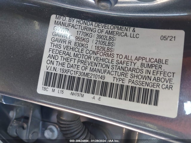 Honda CIVIC EX 2021 19XFC1F30ME210149 Image 9