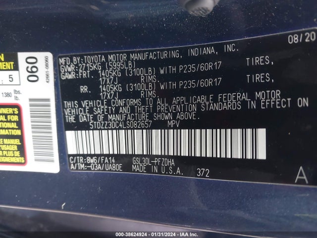 Toyota Sienna L 2020 5TDZZ3DC4LS082657 Image 9
