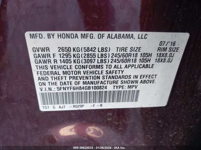 Honda Pilot Ex-l 2016 5FNYF6H84GB100824 Image 9