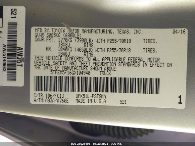 5TFEM5F16GX104940 Toyota Tundra Sr5 4.6l V8