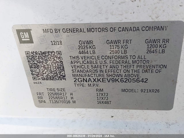 Chevrolet EQUINOX LT 2019 2GNAXKEV9K6205642 Image 9