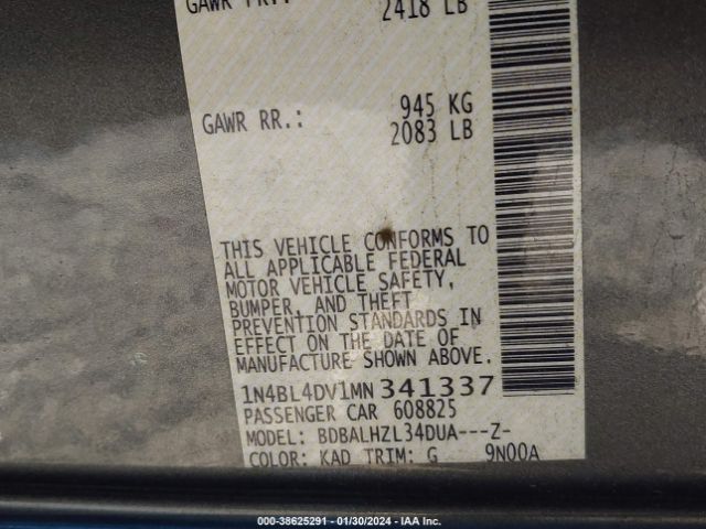 1N4BL4DV1MN341337 Nissan Altima Sv Fwd