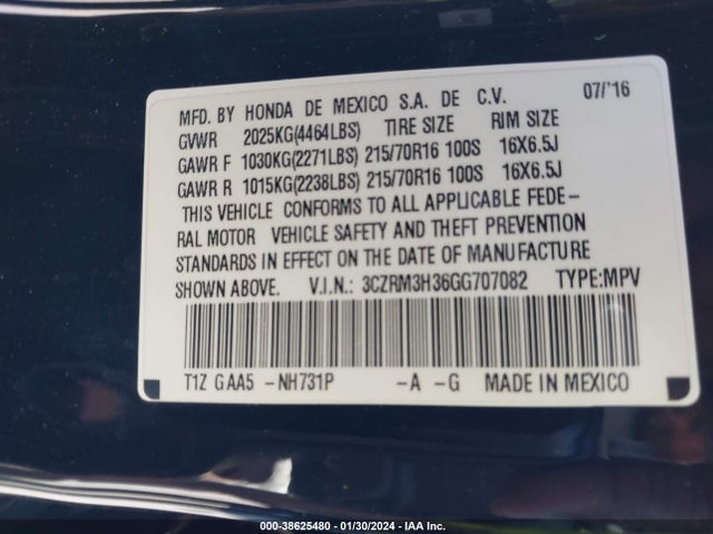 2016 HONDA CR-V LX VIN: 3CZRM3H36GG707082