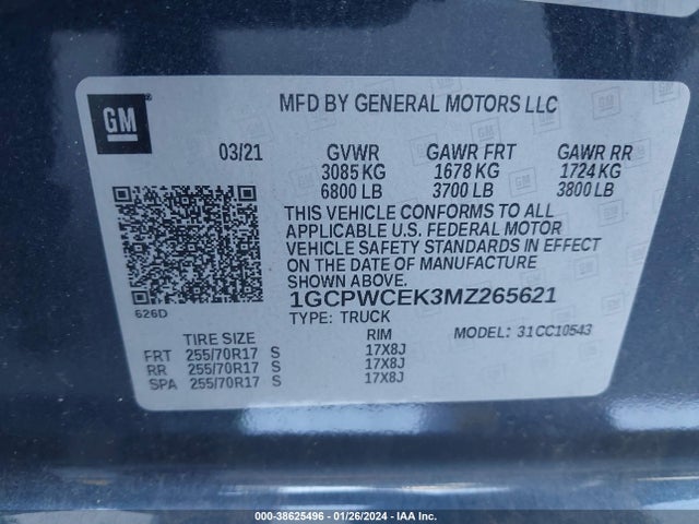 2021 CHEVROLET SILVERADO 1500 2WD SHORT BED LT VIN: 1GCPWCEK3MZ265621