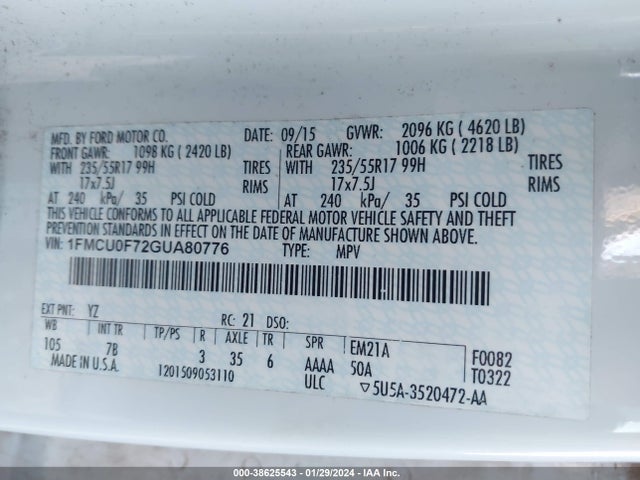 Ford ESCAPE S 2016 1FMCU0F72GUA80776 Image 9