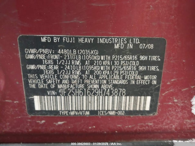 2009 SUBARU FORESTER 2.5X VIN: JF2SH61629H743878
