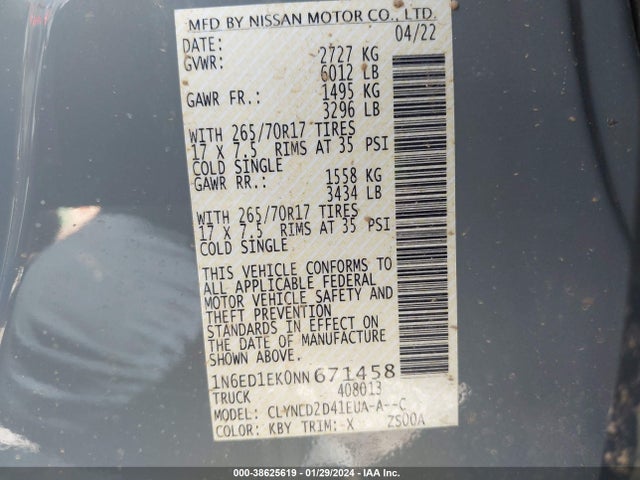Nissan Frontier Pro-4x 4x4 2022 1N6ED1EK0NN671458 Image 9