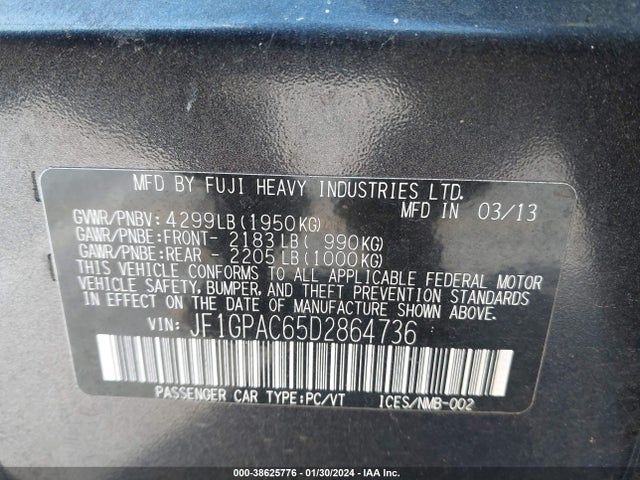 2013 SUBARU IMPREZA 2.0I PREMIUM VIN: JF1GPAC65D2864736