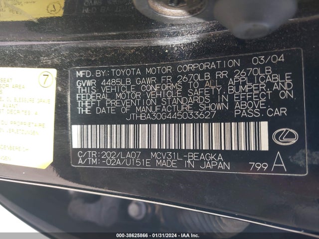 2004 LEXUS ES 330 VIN: JTHBA30G445033627