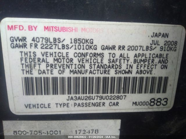 2009 MITSUBISHI LANCER JA3AU26U79U022807 Photo 8