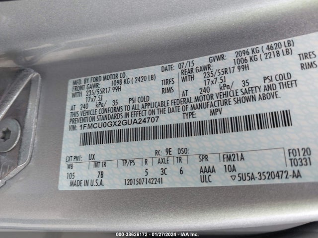 Ford ESCAPE SE 2016 1FMCU0GX2GUA24707 Image 9