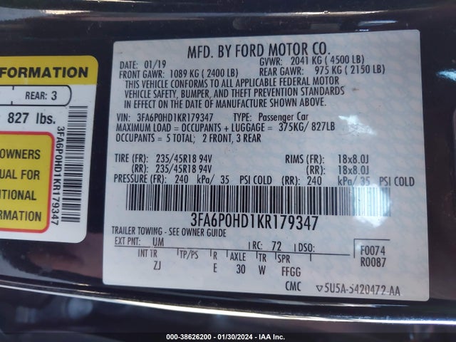 Ford FUSION SE 2019 3FA6P0HD1KR179347 Image 9