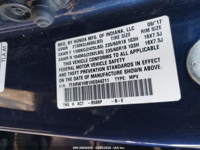 7FARW1H81HE044211 Honda Cr-v Ex-l/ex-l Navi