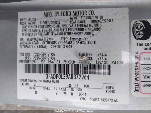 2010 FORD FUSION HYBRID VIN: 3FADP0L39AR372964