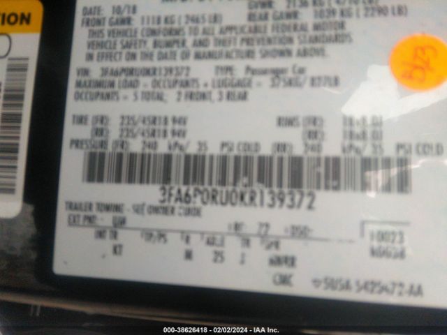 3FA6P0RU0KR139372 Ford Fusion Hybrid Titanium