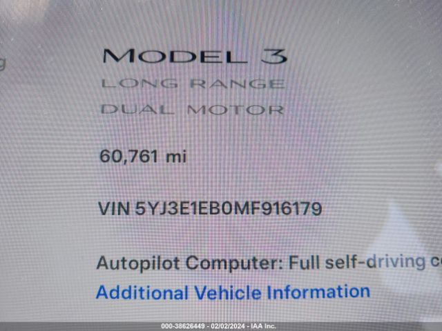 5YJ3E1EB0MF916179 Tesla Model 3 Long Range Dual Motor All-wheel Drive