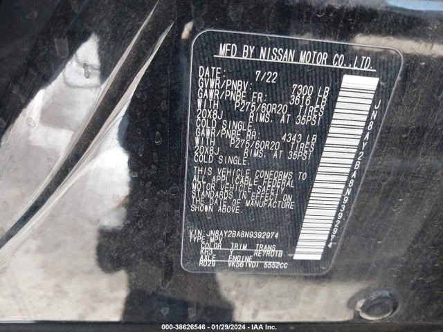 2022 NISSAN ARMADA SL 2WD VIN: JN8AY2BA8N9392974
