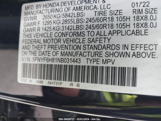 Honda Pilot Awd Trailsport 2022 5FNYF6H81NB031443 Image 9