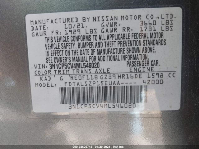 3N1CP5CV4ML546020 Nissan Kicks Sv Xtronic Cvt