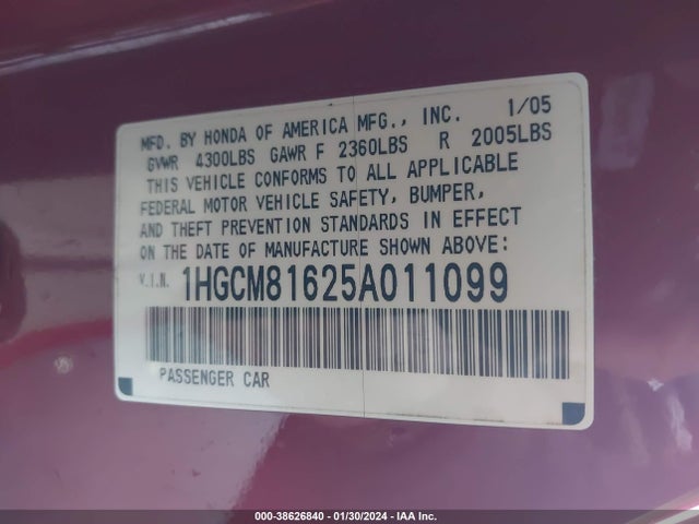 2005 HONDA ACCORD 3.0 EX VIN: 1HGCM81625A011099