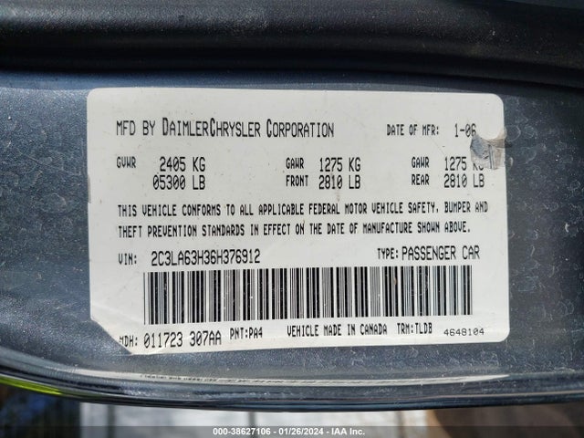2006 CHRYSLER 300 C VIN: 2C3LA63H36H376912