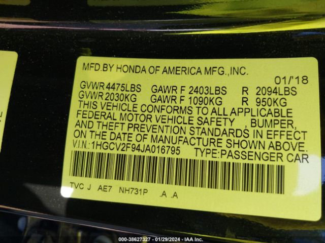 1HGCV2F94JA016795 Honda Accord Touring 2.0t