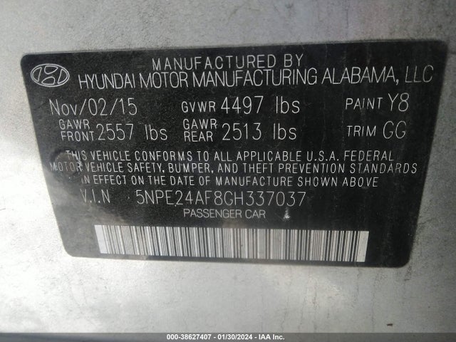 Продажа на аукционе авто 2016 Hyundai Sonata Se, vin: 5NPE24AF8GH337037, номер лота: 38627407
