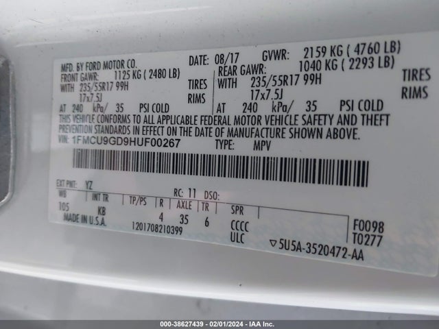 Ford ESCAPE SE 2017 1FMCU9GD9HUF00267 Image 9