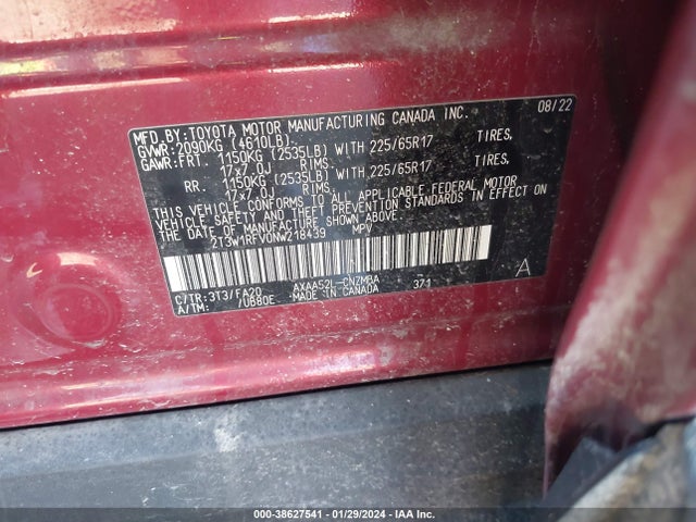 2022 TOYOTA RAV4 XLE VIN: 2T3W1RFV0NW218439