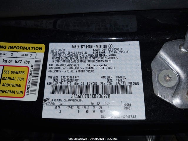 Ford FUSION SEL 2019 3FA6P0CD5KR236978 Image 9